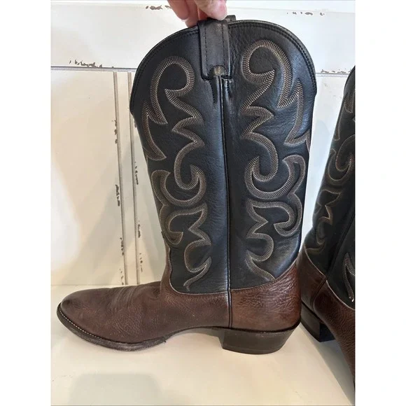 Vtg Nocona Black Brown Leather Western‎ Cowboy Leather Boots Mens SZ 12 B USA